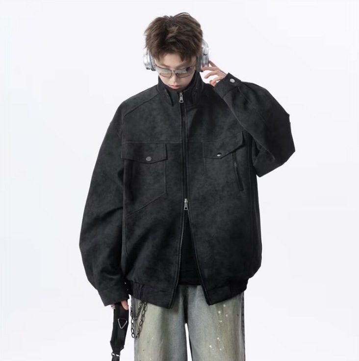 男女のレトロな立襟の皮の服のコートの男性のタイプの春秋の潮のブランドのごろつきのかっこいい機関車の服のpuの皮のゆったりしているカジュアルなジャケット|undefined