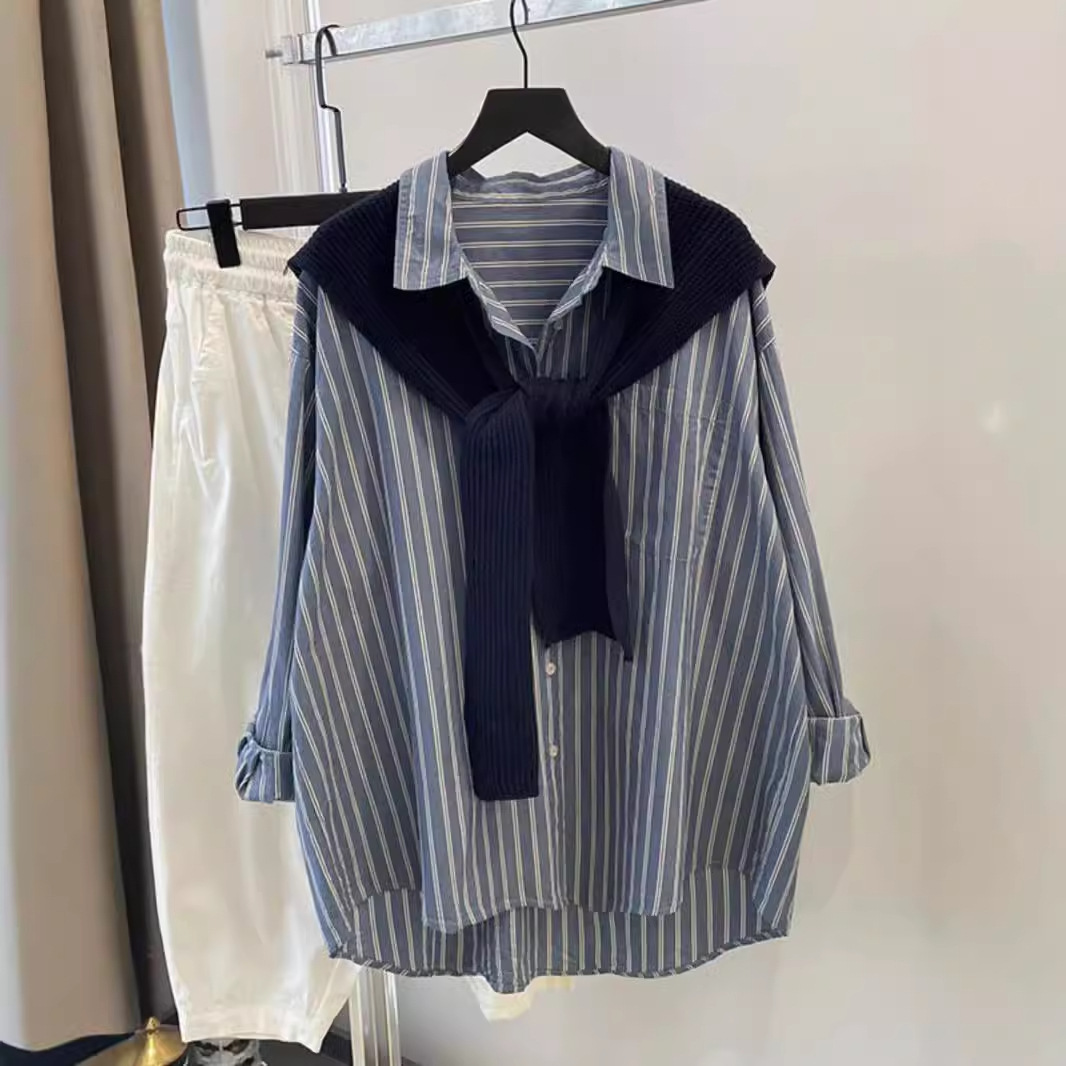 披肩假两件条纹衬衫女宽松设计感小众高端中长款两件套纯棉衬衣秋