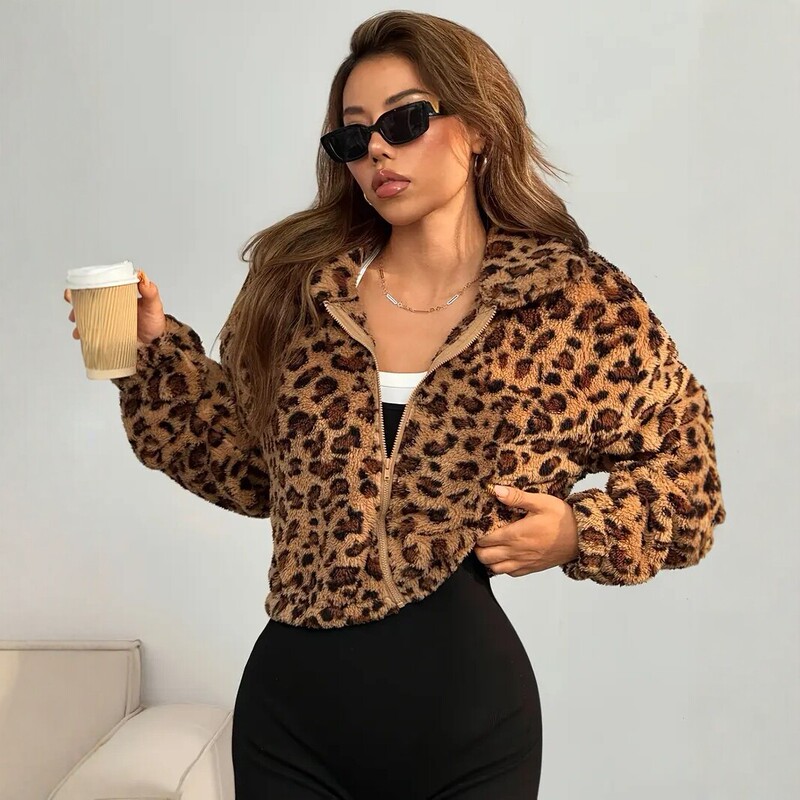 2026 Autumn and Winter New European and American Cross-Border Leopard Print Plush Short Jacket for Women Loose Zipper Stand Collar Casual Jacket