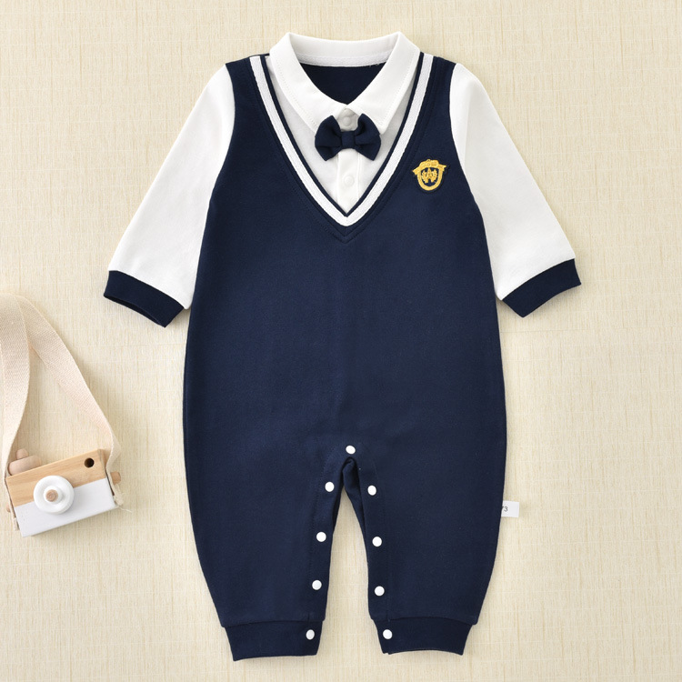 Baby Romper Autumn and Winter Pure Cotton Long-Sleeve Faux Two-Piece Bow Tie Crawling Suit Gentleman Style Preppy Style
