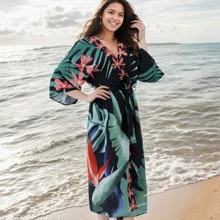 Cross-Border New Rayon Beach Cover-Up Parrot Print Beach Cardigan Bikini Vacation Kimono Amazon