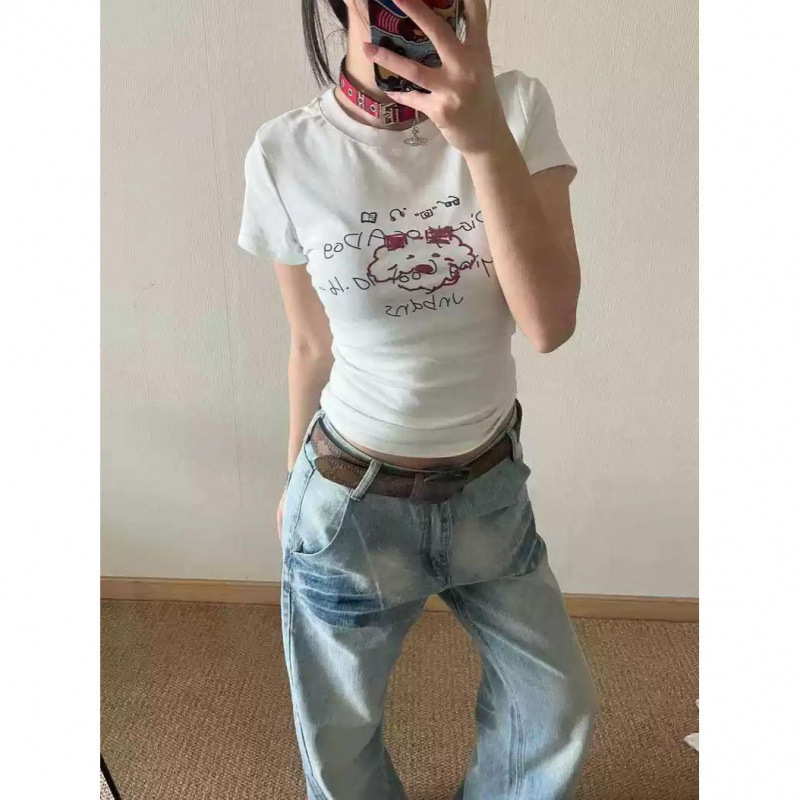 美式复古辣妹卡通字母涂鸦正肩短袖T恤女夏季修身显瘦短款上衣ins