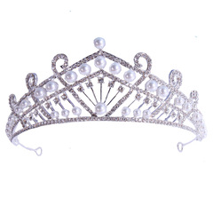 跨境合金新娘珍珠皇冠頭飾 結婚配婚紗珍珠金屬漂亮新娘皇冠發箍