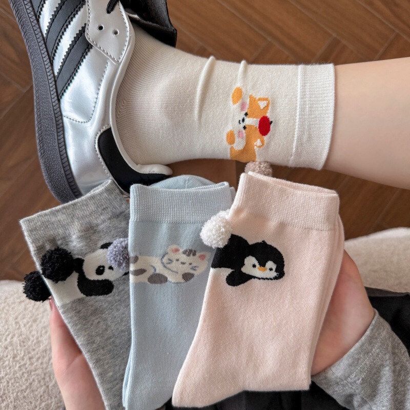 Yuanrunjia 3D Pom-Pom Mid-Calf Socks Cartoon Cute Fun Animal Mid-Calf Socks Cute Quirky Ins Style