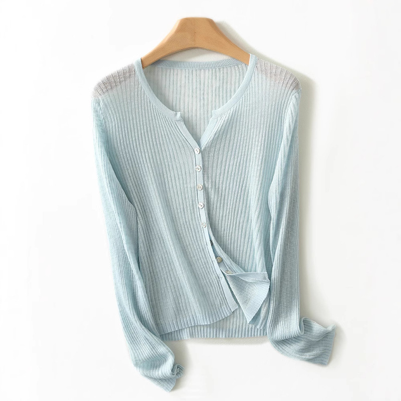 New French Style Fine Small Cardigan Thin Round Neck Pit Slim-Fit Knitwear Women's Spring and Summer Long Sleeve Top Air-conditioning Shirt