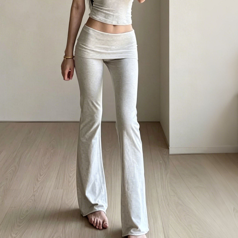 Skims Style Cotton Jersey Women's Fold-Over Waist Pants Kardashian Flip-Waist Pants Solid Color Comfortable Versatile Long Pants