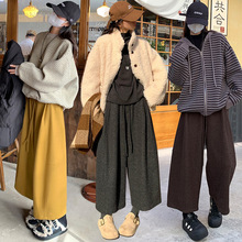 深灰色加绒八分裤2026新款毛呢女秋冬慵懒风加厚小个子奶奶阔腿裤