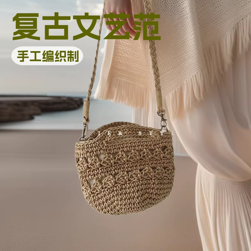 文艺复古棉线手工编织包镂空迷你水桶包斜挎小包包ins度假风女B9