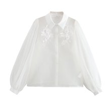 7481-2024秋季新款女装欧美风翻领欧根纱透视立体花长袖衬衫