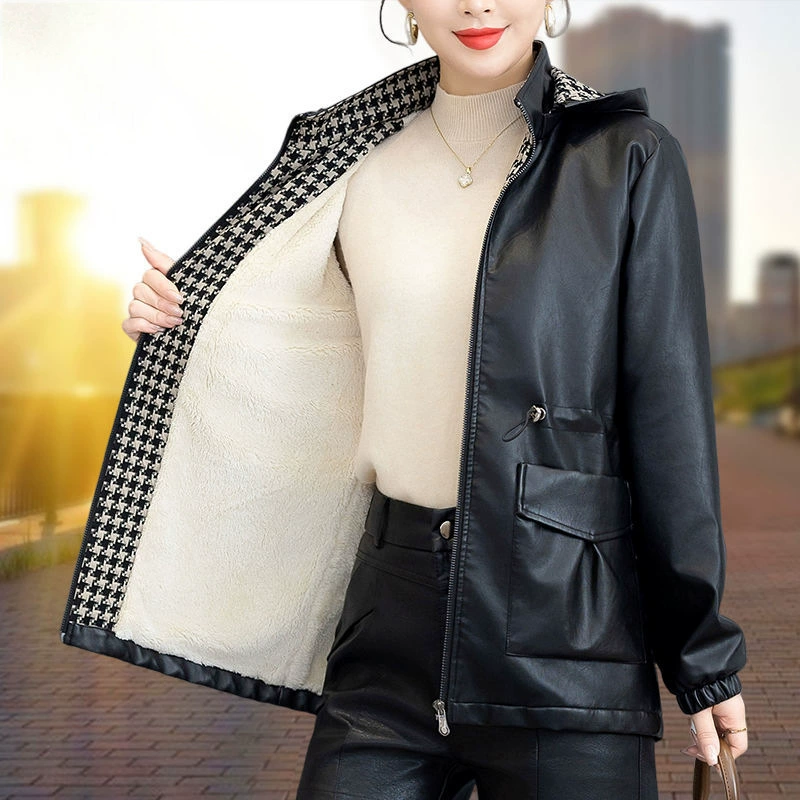 Mid‑length warm winter jacket for plus‑size women, removable hood options, fleece/velvet variants