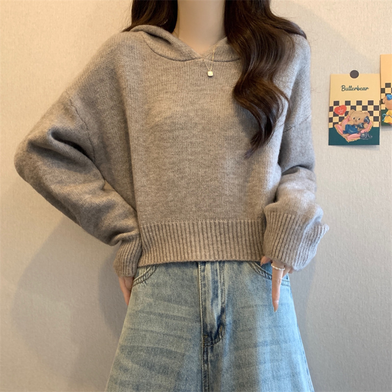 简约休闲软糯连帽毛衣女秋冬款韩版慵懒风宽松显瘦针织套头衫上衣|undefined
