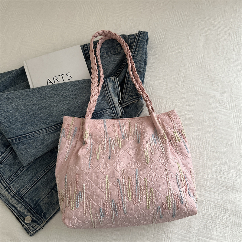 Bolsa de lona bordada a rayas de gran capacidad para mujeres 2024, nueva bolsa de hombro para estudiantes universitarios de clase