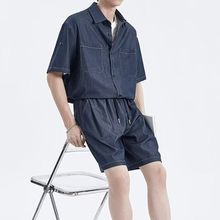 日系原创气质高级感工装短袖牛仔衬衫短裤套装男夏季时尚休闲一套