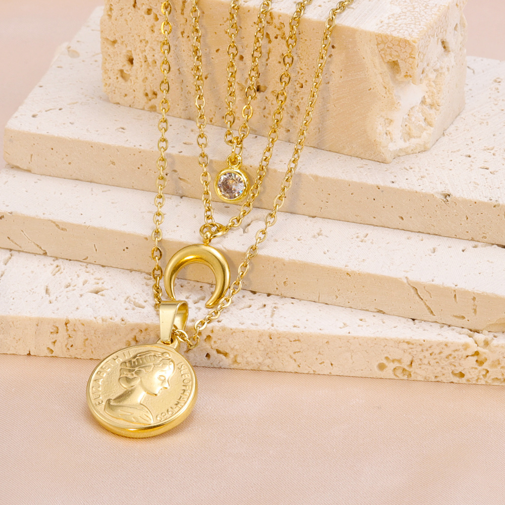 Retro Portrait Moon Titanium Steel Plating Layered Necklaces 1 Piece