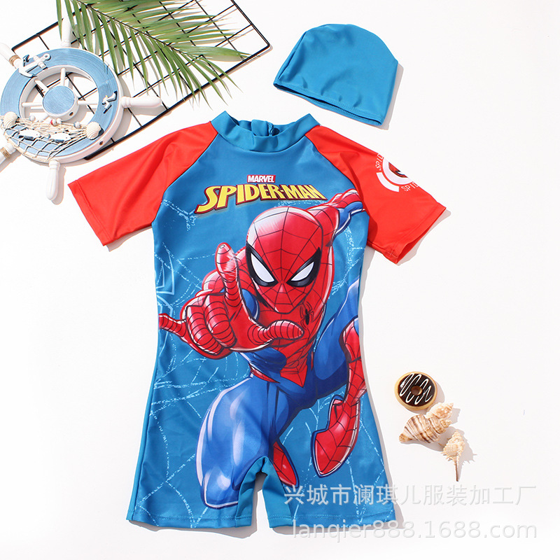 Children's Swimsuit Boy's Super Cool Piece Spider-Man Printed Swimsuit Big Kids Baby Holiday Swimsuit with Swimwear Cap