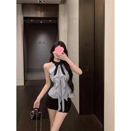 设计感蓝色挂脖蝴蝶结荷叶边衬衫女夏季无袖收腰仙