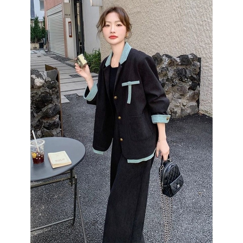 韩版高级感牛仔拼接西装外套阔腿裤两件套女春春秋新款长裤套装|undefined
