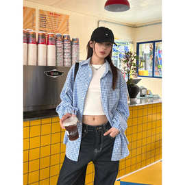 美式复古蓝格纹秋新款流行宽松衬衫POLO衫格子外搭上衣防晒外套