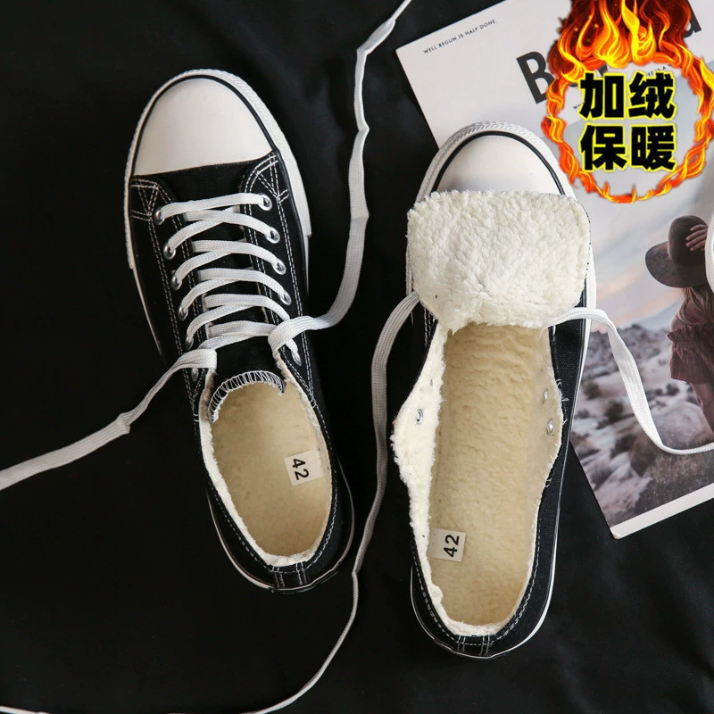 Fubu 2023 Зимняя обувь в Корейском стиле с низким вырезом на флисовой подкладке, утолщенная парусиновая обувь для пар, теплая Студенческая обувь, повседневная обувь, хлопковая обувь