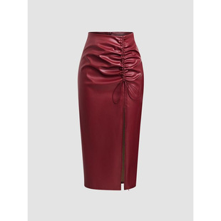 U 13091 PU Leather High Waist Split Skirt PU Ƥ�����_�ð�ȹ
