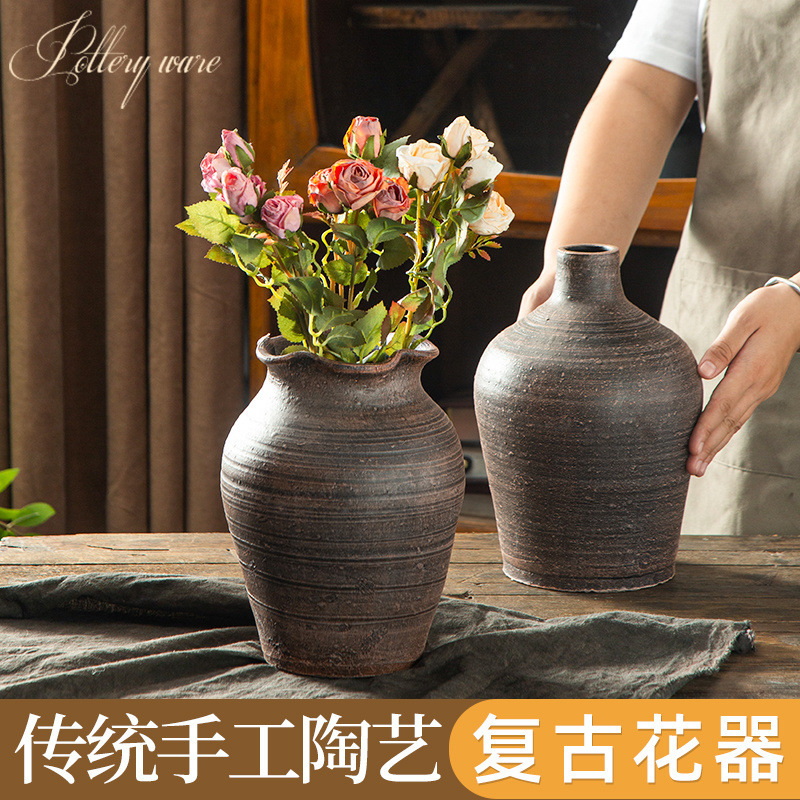 レトロなノスタルジックな昔ながらの陶器の花瓶ドライフラワー多肉植物ポット水耕植物新しい中国禅装飾品送料無料|undefined