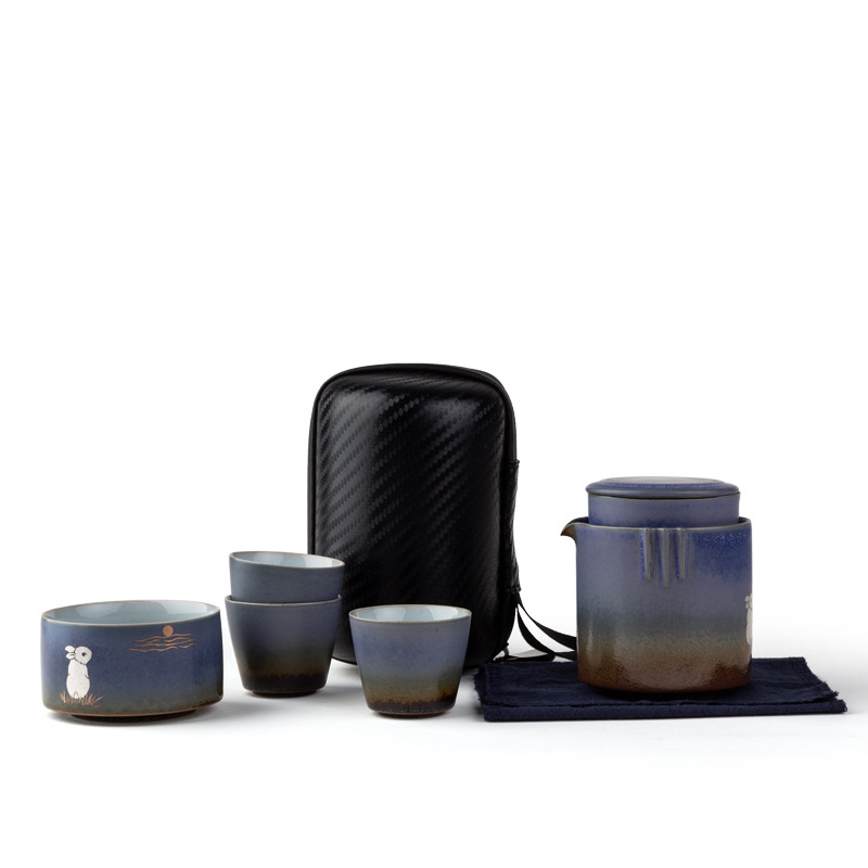 Juego de té viaje traje una olla cuatro tazas portátil Kung Fu taza al aire libre simple estilo japonés tetera retro casa