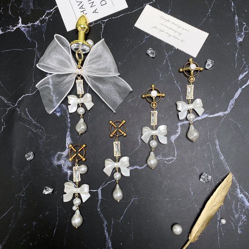 Sex toy bow with diamond white lace bow nipple clamp anal plug flirting and training sm sex toy