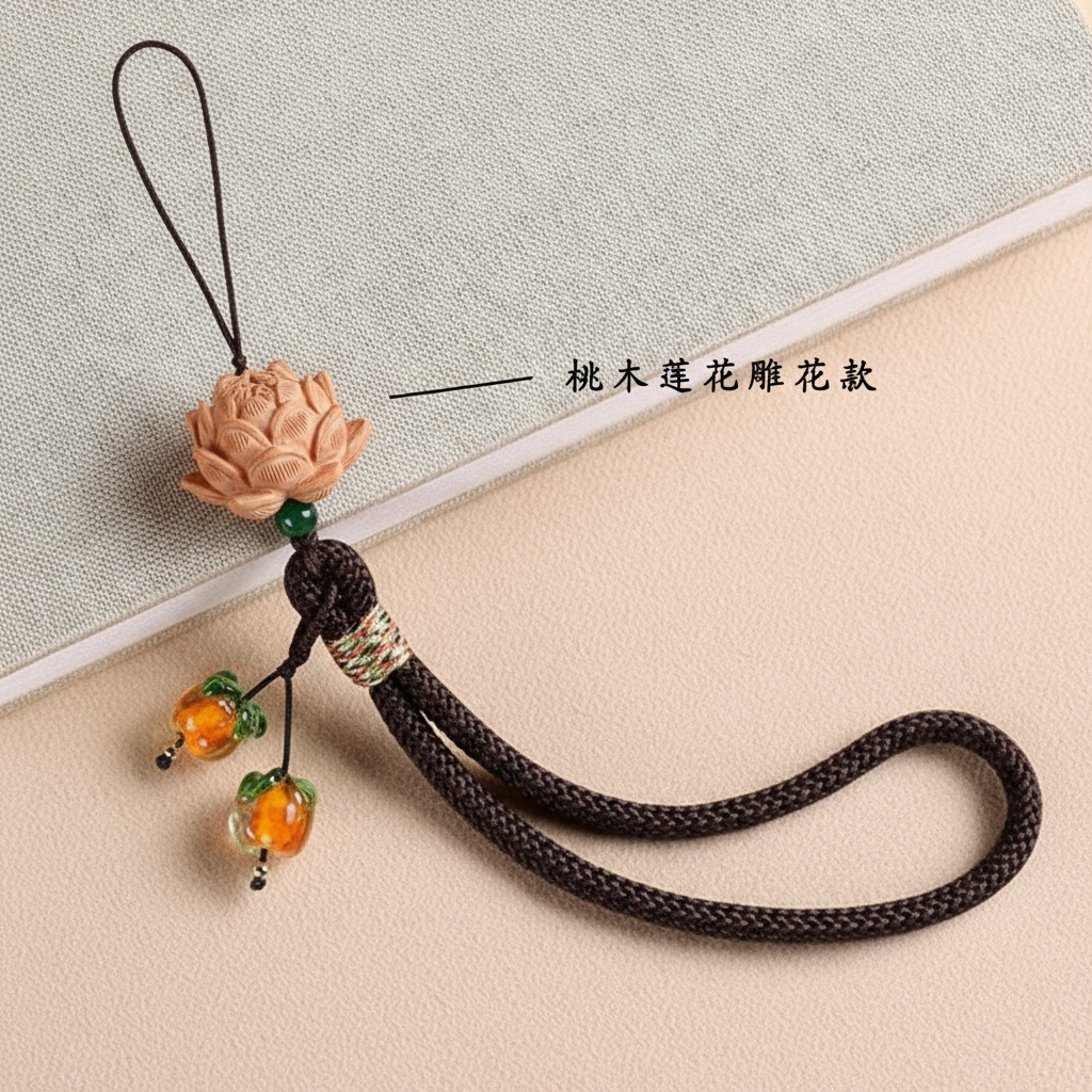Peach wood carved model-wrist rope-dark brown color
