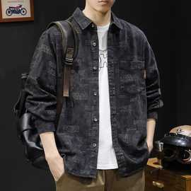 美式潮牌提花黑色衬衫男士长袖秋季新款宽松大码休闲衬衣外套男装