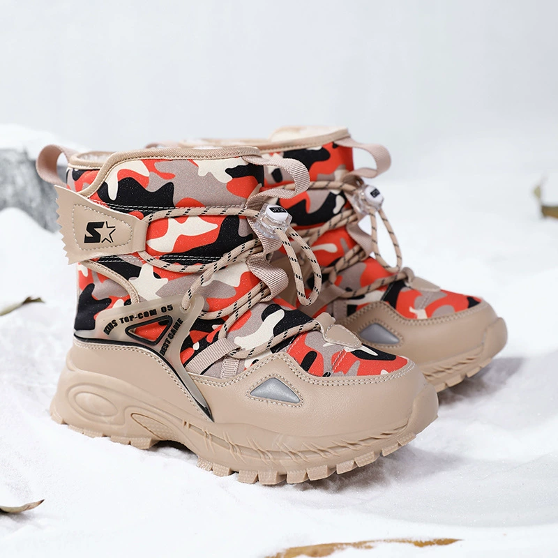 Зимняя детская камуфляжная хлопчатобумажная обувь, теплая обувь на флисовой подкладке, зимние сапоги, мужская и женская детская обувь, большая Детская уличная непромокаемая обувь для альпинизма