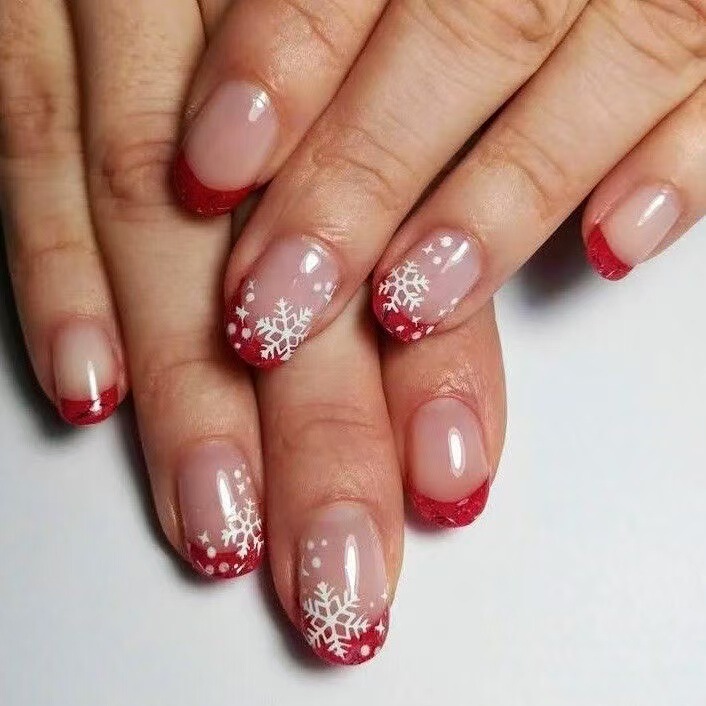 Foreign Trade Manicure Christmas Wear Nails Red French Short Nail Patches White Snowflake European and American Style Fake Nails