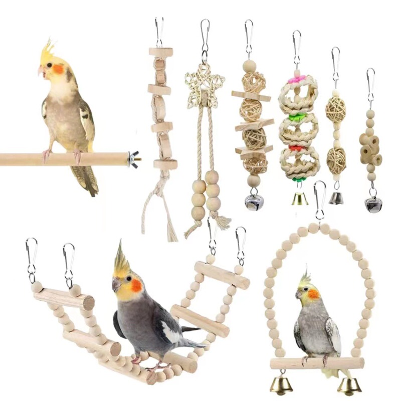 Parrot Chewing Toy Bird Combination Toy Set 9-Piece Set Log Color Bird Cage Accessories Stair Swing Parrot Chewing Toy Bird Combination Toy Set 9-Piece Set Log Color Bird Cage Accessories Stair Swing