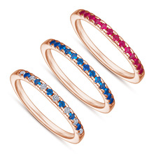 欧美时尚S925银戒指不掉色单排钻半浑身玫瑰金女士蓝色锆石食指戒