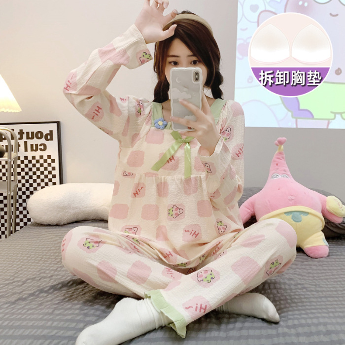 Primavera y otoño nuevo pijamas de las mujeres tejido crepe cuello cuadrado pullover pantalones manga larga con almohadilla en el pecho dulce desgaste del hogar traje