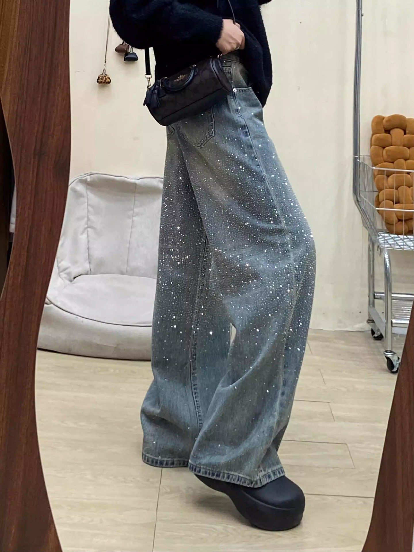 Women’S High-Waisted Flared Jeans – Winter Fleece-Lined Wide-Leg Denim Pants With Rhinestone Embellishments (S-2xl, Non-Stretch Cotton, Deep Blue)​_voghion.com