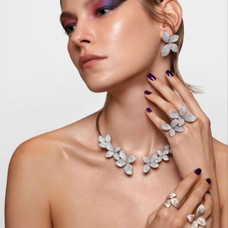 跨境新款花朵首飾套裝氣質水鑽耳環時尚戒指配飾Jewelry Set