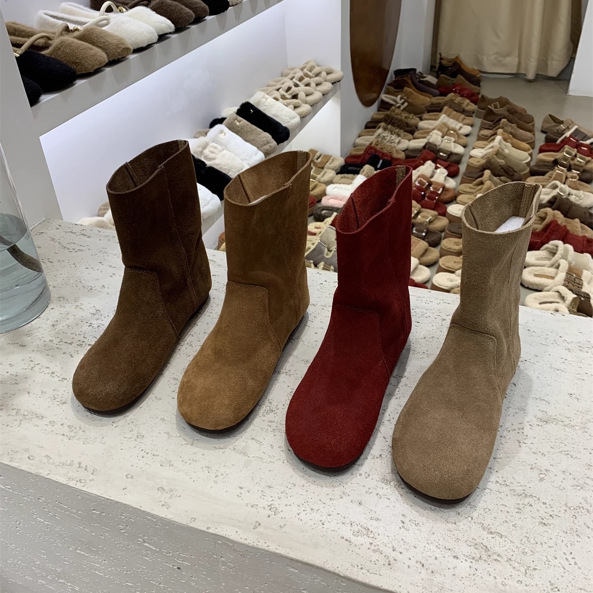 真皮大头短靴女低跟单靴复古女靴子2024秋冬季新款磨砂雪地靴丁靴