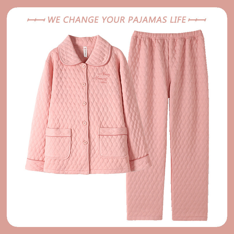 100% algodón Otoño e Invierno sándwich pijamas mujeres aire algodón espesado manga larga estilo coreano Delgado acolchado engrosado homewear
