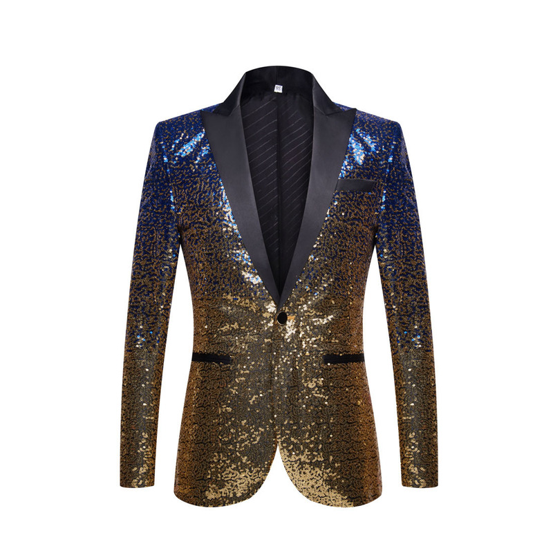 Blue purple pink green gradient sequins jazz dance blazer for men youth music production singers host Nightclub stage performance coat photo shooting for man