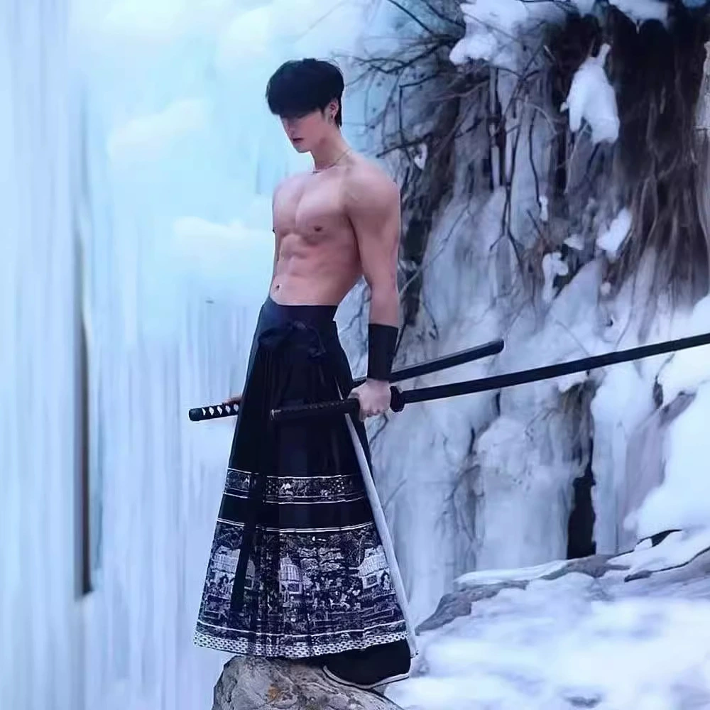 Черная мужская юбка-мамиан в китайском стиле, новые мужские брюки в китайском стиле, улучшенные юбки-брюки в стиле Сун, вдохновленные национальными тенденциями и элементами ханфу.