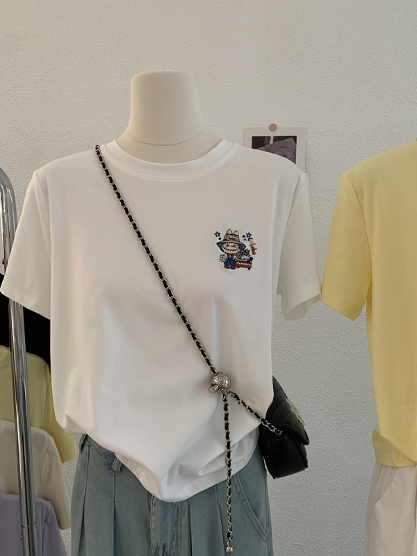 Omalai アニメ漫画刺繍柄ラウンドネック半袖ストレートショルダー Tシャツトップ夏韓国語版女性 4015|undefined