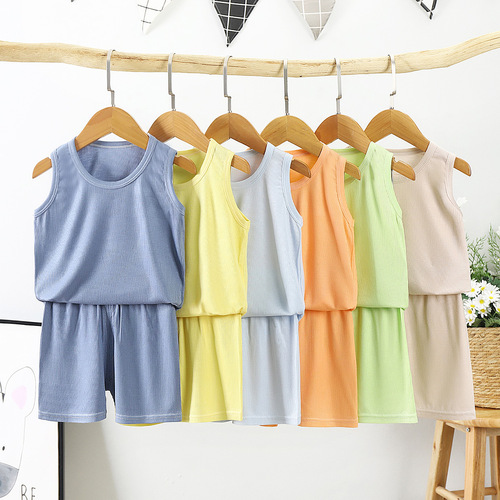 Children's set pajamas summer ice silk jumpy cotton sleepwear for boys and girls face mask T home clothes baby shorts air conditioner outfit
