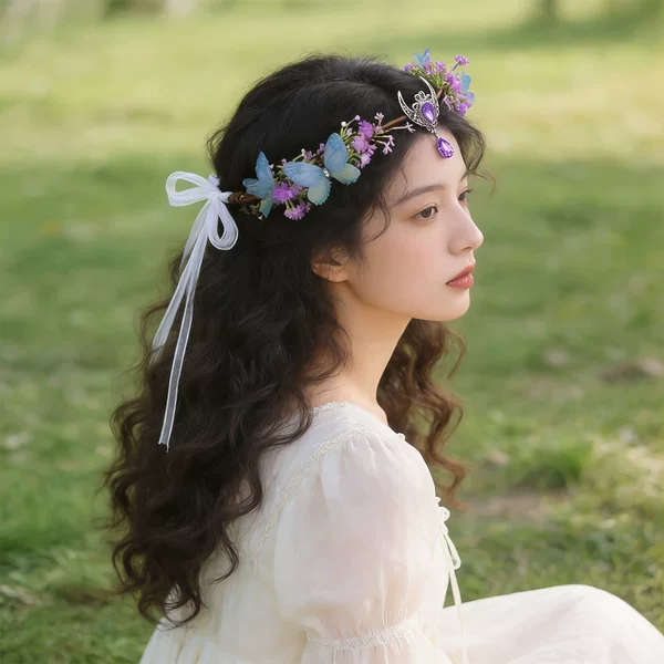 Forest-style butterfly wreath angel elf hair accessory stage performance decoration pink and purple artificial flower headband with forehead pendant