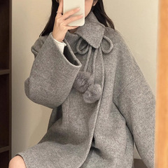 莉莉香小姐 里费小岛 灰色娃娃领双面呢大衣女中长款羊毛毛呢外套