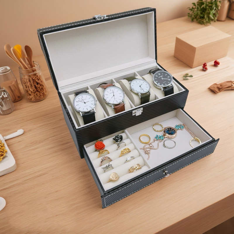 Cross-Border Carbon Fiber Double-Layer Watch Box Jewelry Storage Box European Princess Multi-Grids Jewelry Storage Box Gift