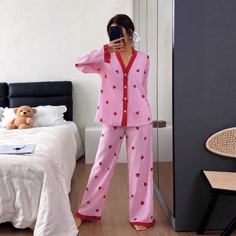 Gentle Style, Contrasting Colors, Ruffled Edges, Loose-Fitting Pajamas, Striped Heart Print, Lazy Style, Can Be Worn Outside, Loungewear Set Gentle Style, Contrasting Colors, Ruffled Edges, Loose-Fitting Pajamas, Striped Heart Print, Lazy Style, Can Be Worn Outside, Loungewear Set
