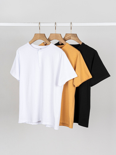 Xinjiang Cotton Heavyweight Henley Collar New Chinese Style White Pure Cotton Short-Sleeve T-Shirt with Button, Simple and Elegant High-End Casual Men and Women