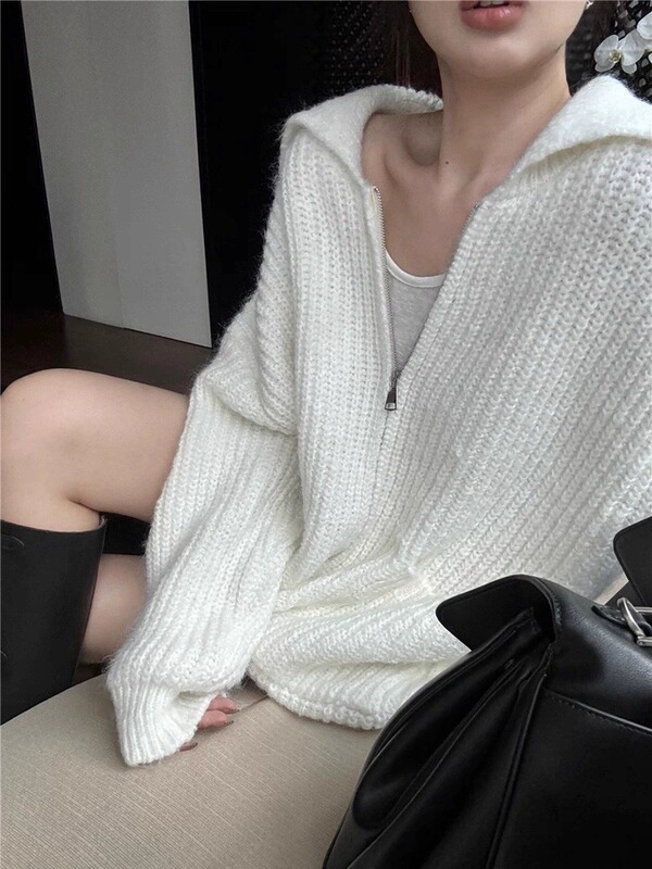 韩版简约休闲翻领拉链针织开衫女装秋冬新款软糯宽松显瘦毛衣外套|undefined