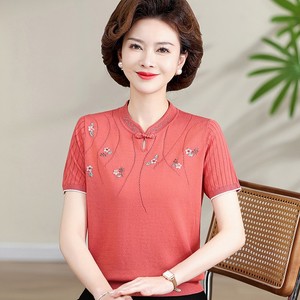 中老年女装夏季冰丝针织短袖风复古旗袍领妈妈装宽松提花上衣,女装针织衫/毛衣,妃慕昵服饰