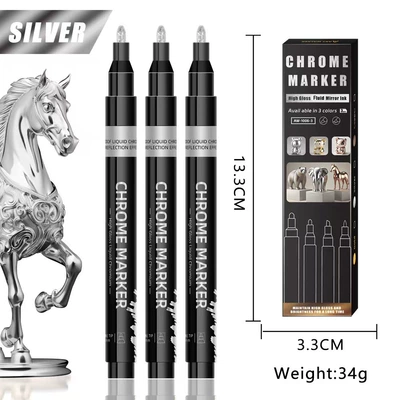 Electroplated Metal Marker Pen, Touch-Up: Avtomobil boya qələmləri - 10-round-headsilver-3-pack